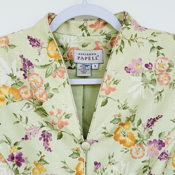 Adrianna Papell 100% Silk Jacket Short Sleeve Green Floral Buttons Front Lining - Picture 5 of 12